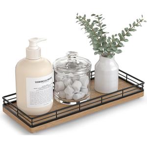 Bathroom Tray for Counter Top Organizer  Acacia Wood Vanity Tray with Metal Frame for Dresser, Kitchen, Nightstand  Black & Acacia Decorative Storage (11" x 4.5" x 1.5")