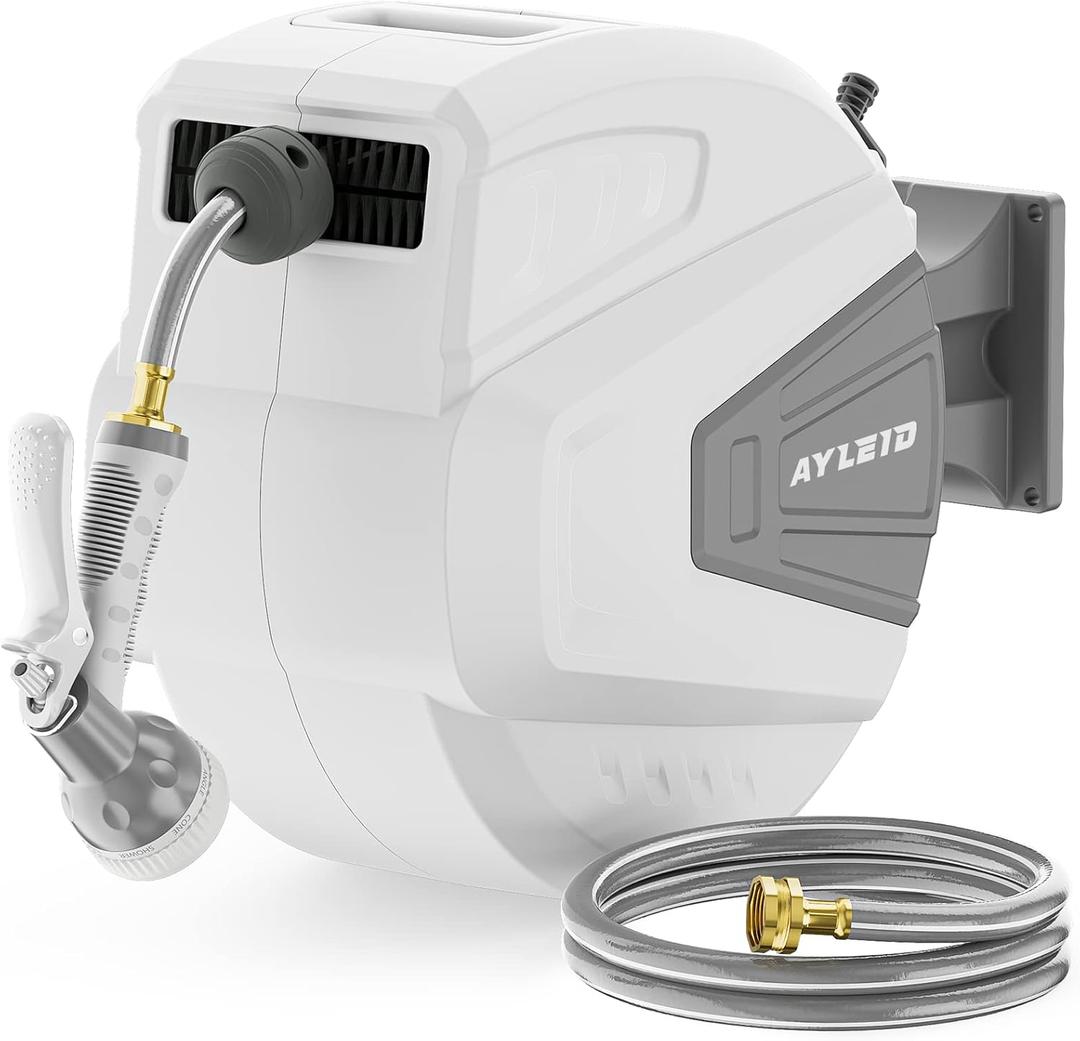 Ayleid Retractable Garden Hose Reel,1/2 in x 65 ft Wall Mounted Hose Reel, with 9- Function Sprayer Nozzle, Any Length Lock/Slow Return System/Wall Mounted/180Swivel Bracket (Gray)