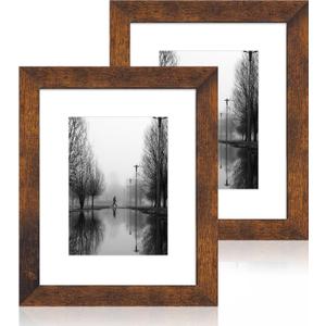 iRahmen 8x10 Picture Frame Set of 2 with High Definition Glass, Wood Photo Frame Display Pictures 5x7 with Mat or 8 x 10 without Mat for Tabletop or Wall Mounting (Dark Brown)