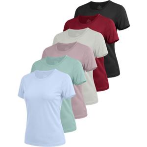 6 Pack Workout Tops for Women Short Sleeve UPF Sun Protection Athletic T Shirts Quick Dry Tennis Yoga Running Crew Neck Tee (M)