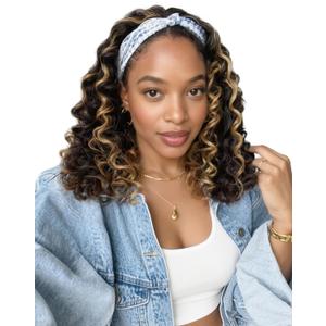 QUEENTAS 14 Inch Deep Wave Curly Headband Wig, #4/27 Brown with Honey Blonde Highlight for Black Women, Glueless Wear and Go Shoulder Length Bob Wig, Synthetic Beginner-Friendly Hair