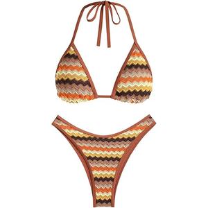 Seamoly Women's Bikini Sets Halter Neck Crochet Colorblock Two Piece Swimsuits Open Back Sexy High Cut Thong Bathing Suit, M