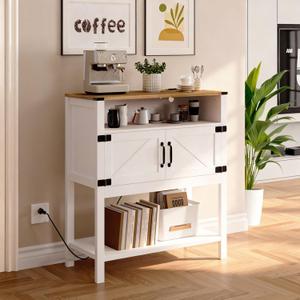 31.5" W Coffee Bar Cabinet with Outlets, 2-Door Farmhouse Console Table Sofa Storage Cabinet Narrow Buffet Sideboard for Kitchen, Pantry, Entryway, Hallway, Dining (Walnut White)