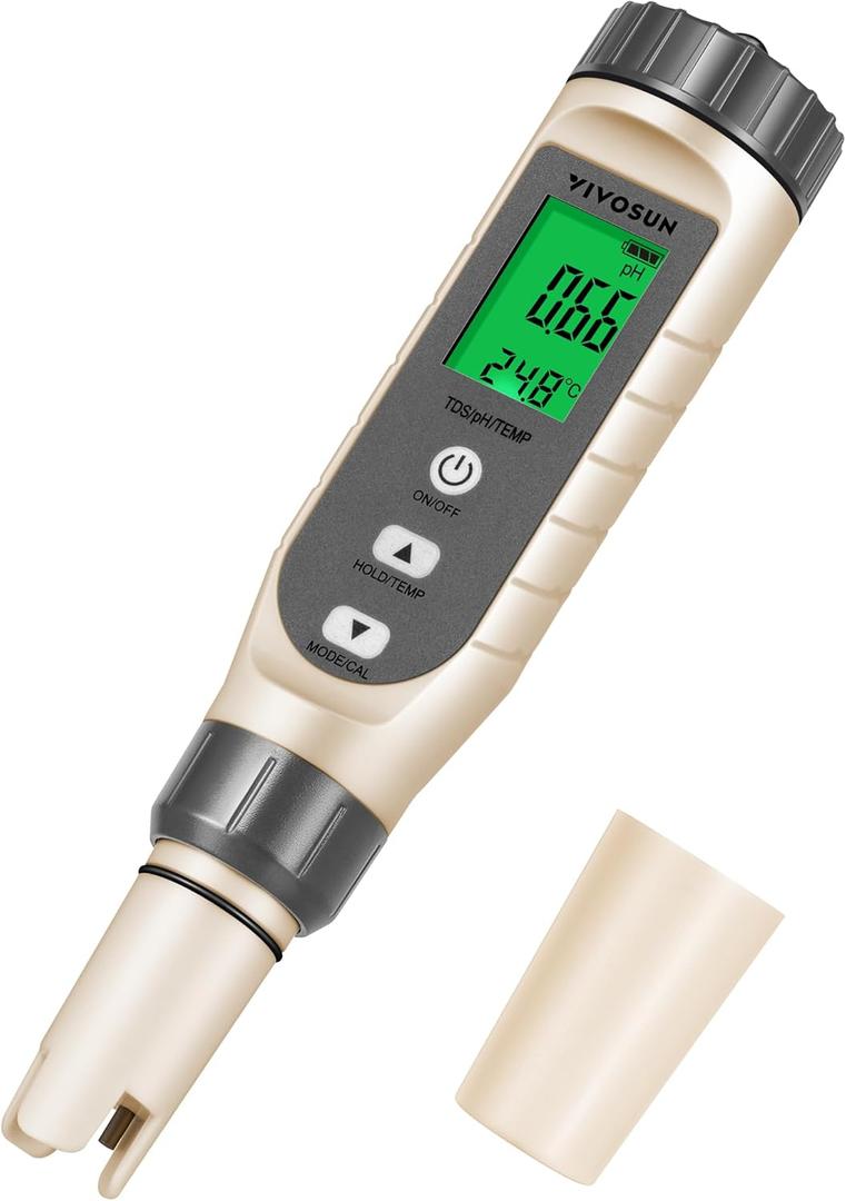 VIVOSUN 3-in-1 Digital pH Meter with ATC, 0.1 pH Accuracy Water Quality Tester, 0-14.0 pH Measurement Range for Hydroponics, Household Drinking, Pool and Aquarium