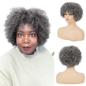 Sallcks Short Grey Kinky Afro Wig for Black Women Natural Synthetic Curly Cosplay Costume Wigs with Wig Cap