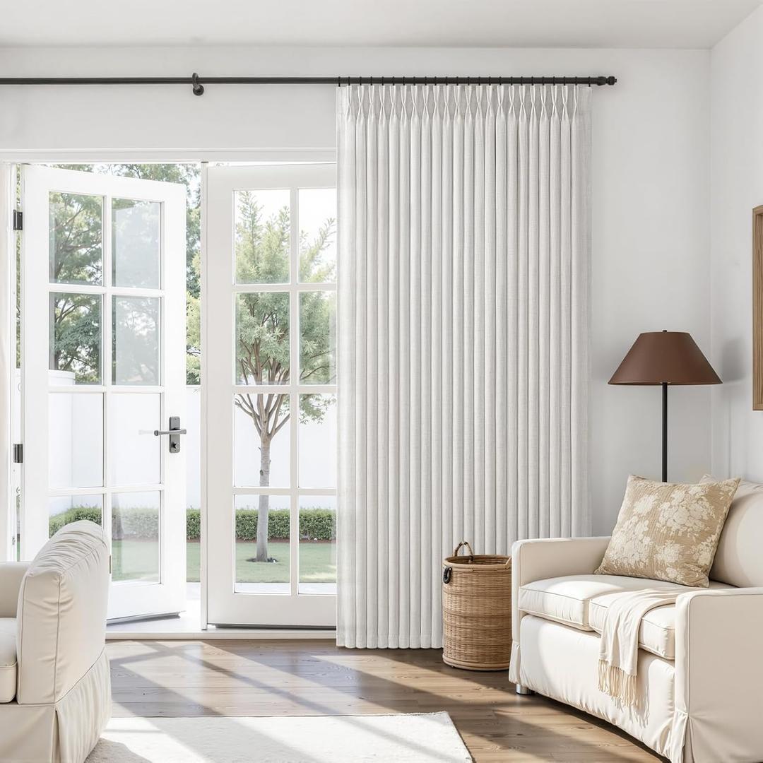 Pinch Pleated 70 Inch Extra Wide Living Room Curtains 96 Inches Long 1 Panel, Off White Memory Shape Flax Linen Semi Sheer Curtain Light Filtering Privacy Kids Bedroom 8FT Length Elegant Window Drapes