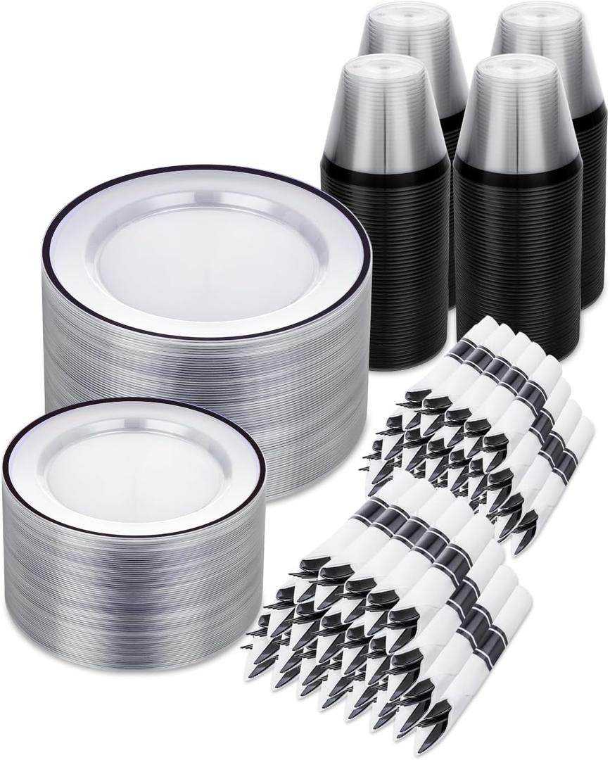 700PCS Clear and Black Disposable Plastic Plate Set for 100 Guests