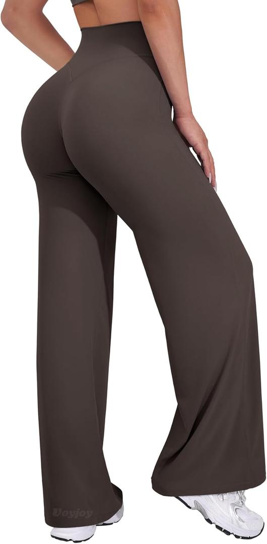 VOYJOY Straight Leggings Bottoms Wide Leg Pants for Women 31.5" High Waist Stretch Casual Sweatpants (Medium, Dark Brown)
