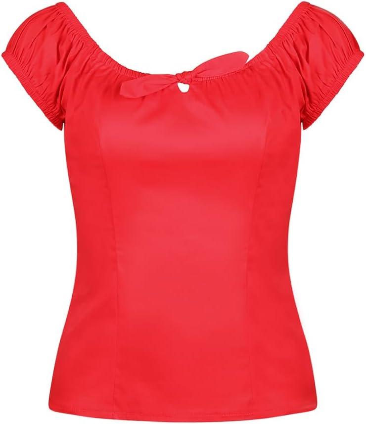 YARN & INK Women's Pinup Shirt 1950s Vintage Rockabilly Puff Sleeve BowBlouse Off Shoulder Tops (Large, Red)