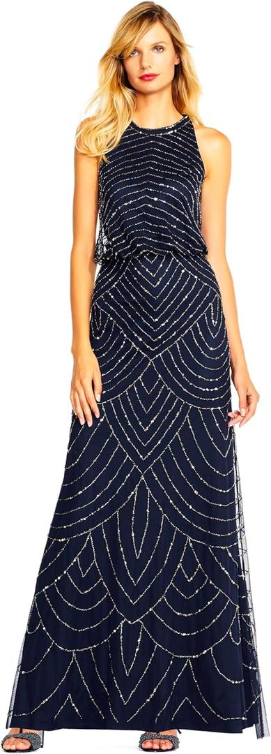 Adrianna Papell Womens Halter Blouson Beaded Gown, 4