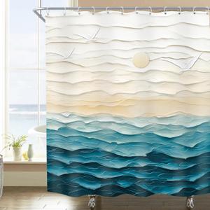 Imirell Abstract Teal Beach Shower Curtain 60Wx72H Inches Oil Painting Ocean Sea Wave Sunset Sunrise Nature Landscape Summer Hawaii Scenery Ombre Fabric Waterproof Polyester with 12 Pack Hooks Plastic