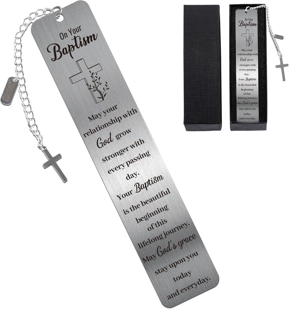 2025 Baptism Gift Bookmark: Inspiring Christian Metal Book Mark, Bible Verse Book Markers, Confirmation Gifts for Teen Girls Boys Baby Shower Church Sunday School with Cross Pendant Gift Box
