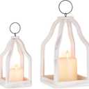 Wood Lanterns Decorative Indoor: Farmhouse Hanging Candle Holder Set of 2 White Table Centerpiece Fireplace Mantle Shelf 11" & 8" Rustic Home Decor Fall Ornaments Whitewashed