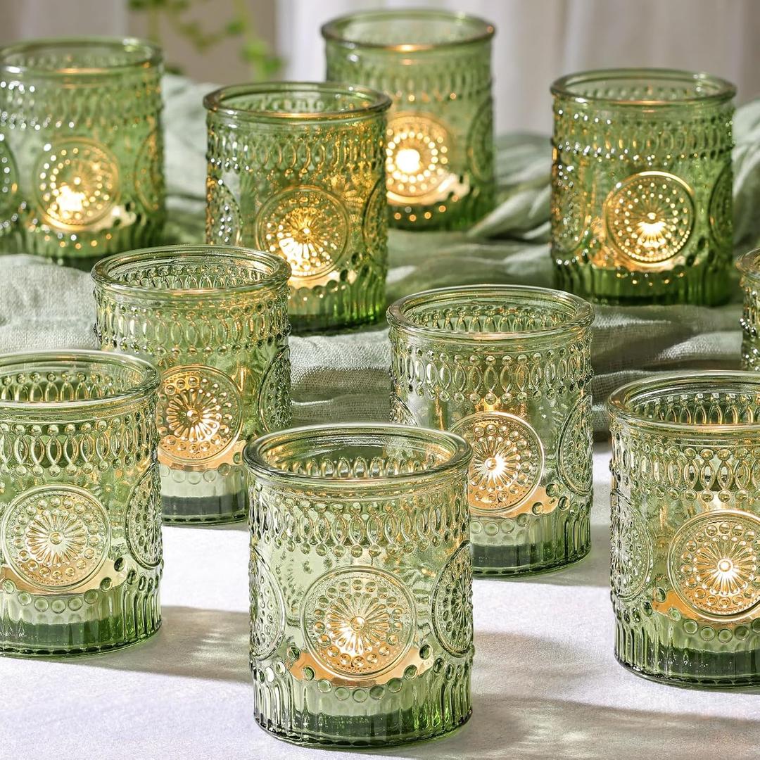 24pcs Green Votive Candle Holders for Wedding, Glass Tea Lights Holder, Baby Shower St. Patrick's Day Table Decor, Vintage Depression Glass Centerpiece