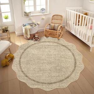 GarveeHome Scalloped Washable Round Rugs, Non-Slip Soft Round Rug 4ft Ultra-Thin, Small Boho Circle Stain Resistant Low Pile Carpet for Entryway Kitchen Bedroom Nursery Bathroom, Jute