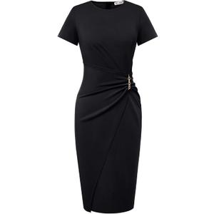 GRACE KARIN Work Dresses for Women 2026 Short Sleeve Sheath Business Midi Dress Wrap Bodycon Office Cocktail Outfits (Black, XXL)