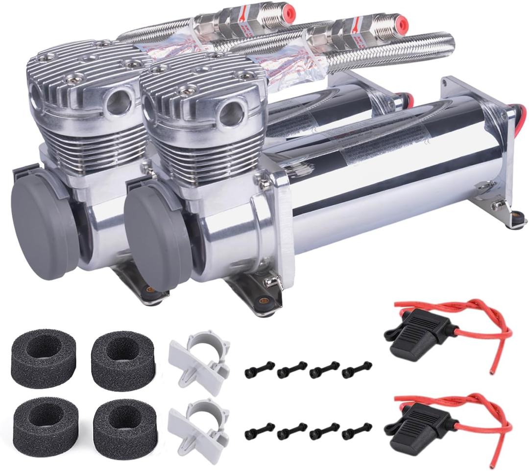 2PCS 200PSI Heavy Duty Air Train Horn/Air Ride Suspension Compressor 3/8 NPT 12V Silver for Car Horns