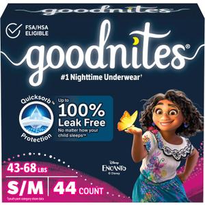 Goodnites Girls' Nighttime Bedwetting Underwear, Size S/M (43-68 lbs), 44 Ct (2 Packs of 22)