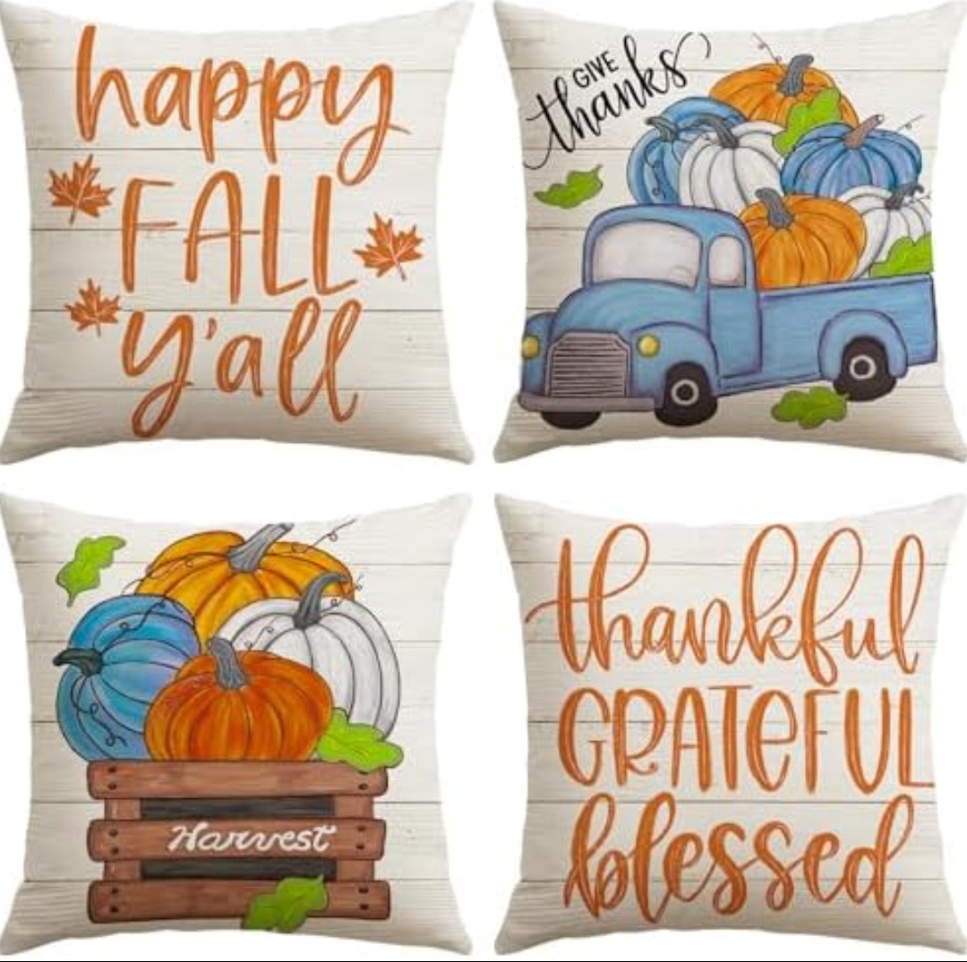 Pack Of 2 Artscope Fall Decorative Throw Pillow Covers 20x20 Inch Set of 4, Happy Fall Pumpkin Truck Thankful Grateful Blessed Outdoor Farmhouse Pillow Cases for Home Sofa Couch-Orange Beige