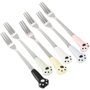 Cute Cat Paw Steel Forks, Dessert Forks, 3-Tine Portable Cocktail Salad Fruit Forks for Party Travel, Set of 6, 5.1 Inches