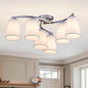 XINGQI 6-Light Modern Chandelier White Fabric Shade, 23 Inch Industrial Semi Flush Mount Ceiling Light Fixture for Kitchen Bedroom Dining Room (Chrome), Hallways Staircases Foyer Lighting Fixture