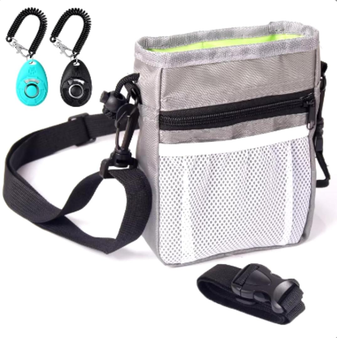 Dog Training & Treat Pouch | 4 Ways to Wear Treat Pouch for Pet Training and 2 Piece Clicker Training for Dogs| Waist Belt or Shoulder Strap Included