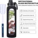 Glass Water Bottles 32oz with Silicone Sleeve Drinking Hydration Bottles Reusable Borosilicate Wide Mouth Motivational Water Flask Canteen with Time Marker Spout Lid and Brush