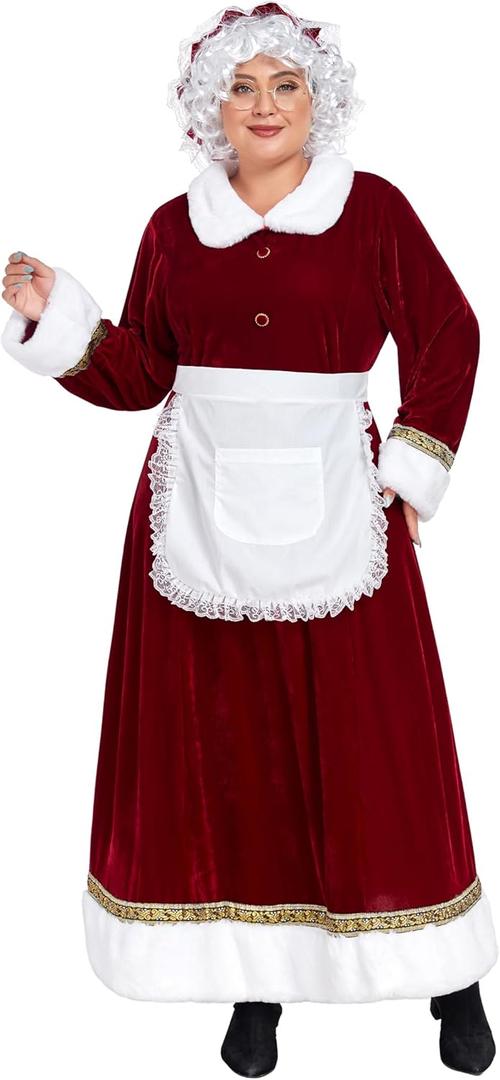 WeGuard Mrs Claus Costume for Women 5PCS Adult Velvet Santa Clause Dress with Hat Apron White Wig Glasses Christmas Suit (Large)