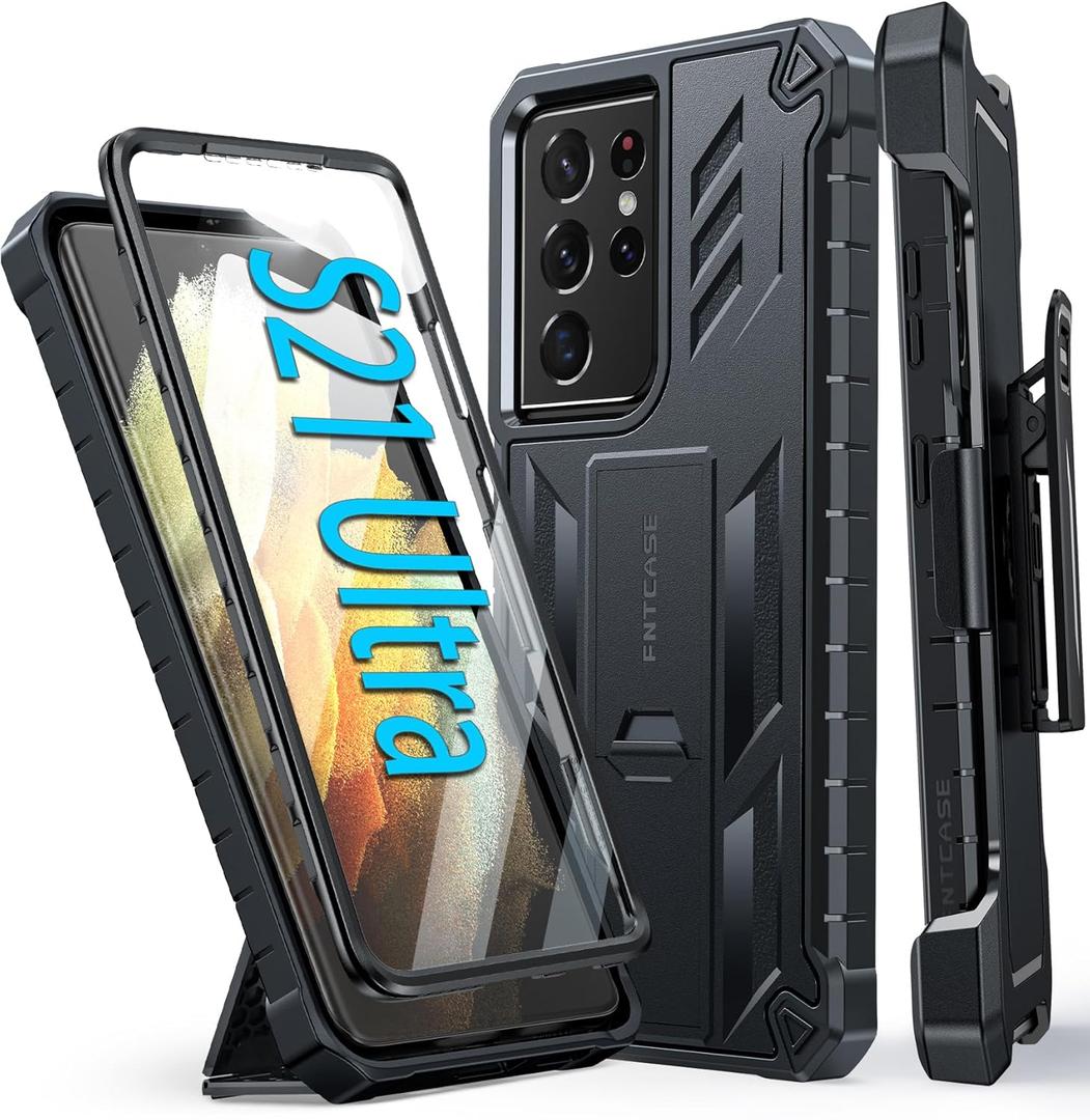 FNTCASE for Samsung Galaxy S21-Ultra Case: Military Shockproof Protective Phone Cover with Belt-Clip Holster & Kickstand, Drop Proof Heavy Duty Rugged Cases for S21Ultra 5G-Black