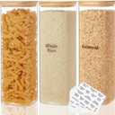 3 Pcs Square Glass Pantry Storage Containers with Bamboo Airtight Lid and 248 Clear Pantry Labels Preprinted - 74oz Thicken Glass Food Storage Jars for Coffee, Cookie, Tea, Sugar, Spice