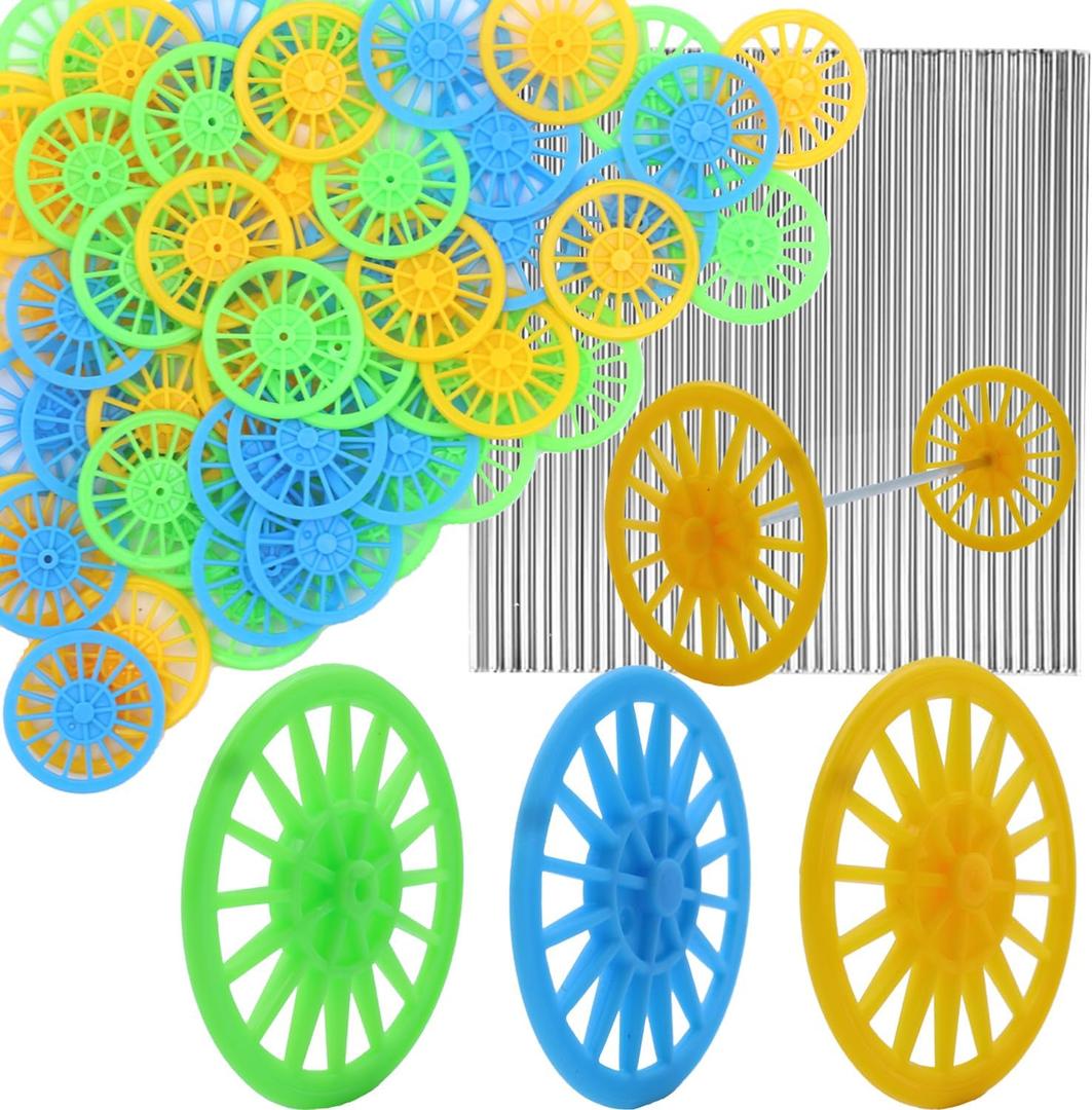 Delinx 60PCS Plastic Project Wheels with 2 mm Hole and 30 PCs Shaft Rods,100 mm Round Rod Axles for Science Engineering Car STEM Projects RC Truck Boat Helicopter Model