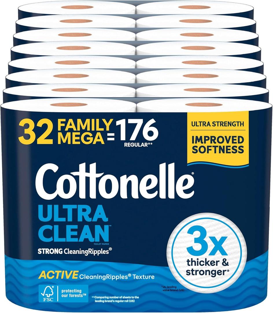 Cottonelle Ultra Clean Toilet Paper, 32 Family Mega Rolls=176 Regular Rolls