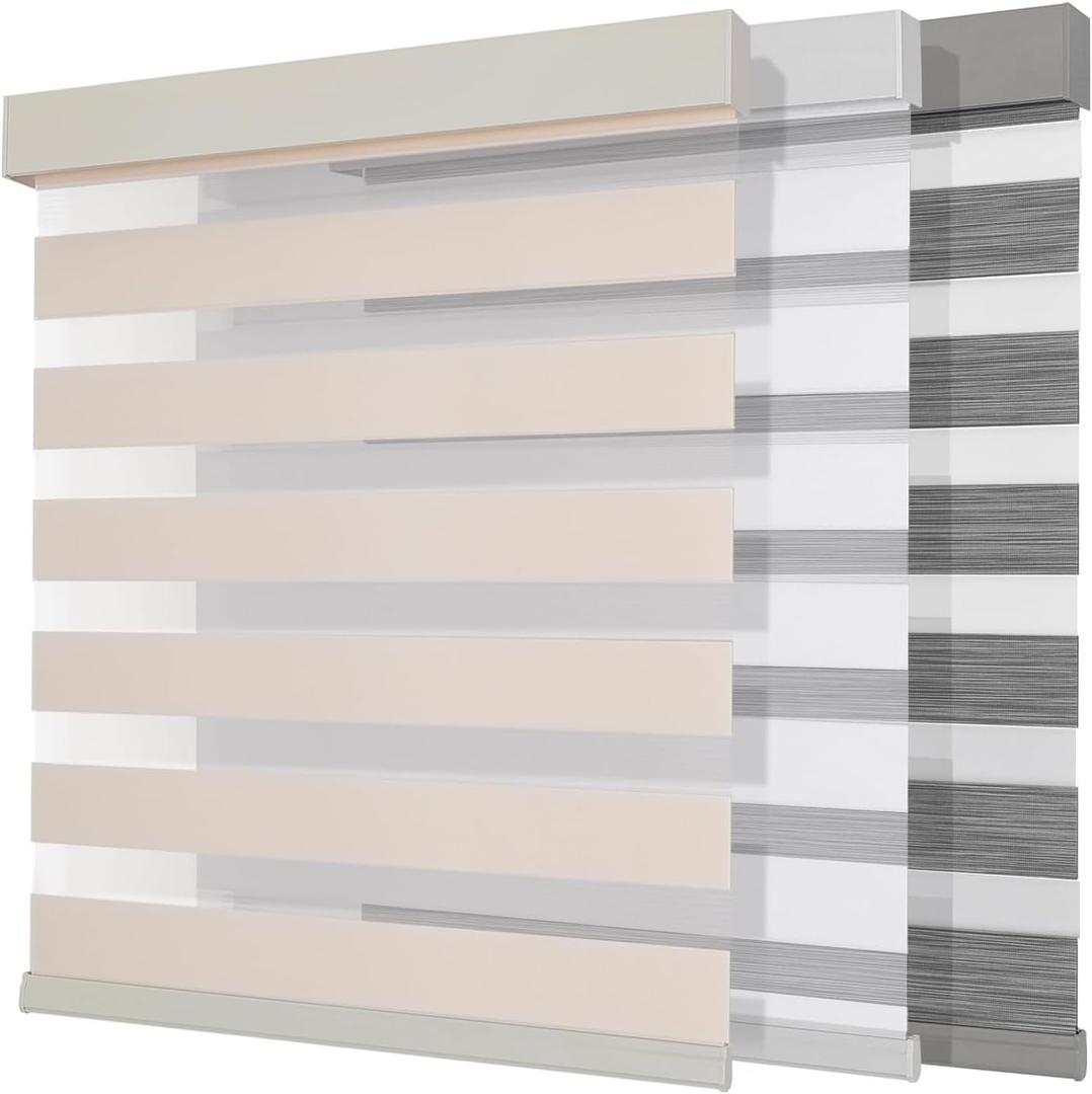 Joydeco Cordless Zebra Blinds (Pro), Dual Layer Light Control Zebra Blinds for Windows, Light-Proof Aluminum Cover, Free-Stop Roller Shades for Home & Office (Beige,46" W x 75" H)