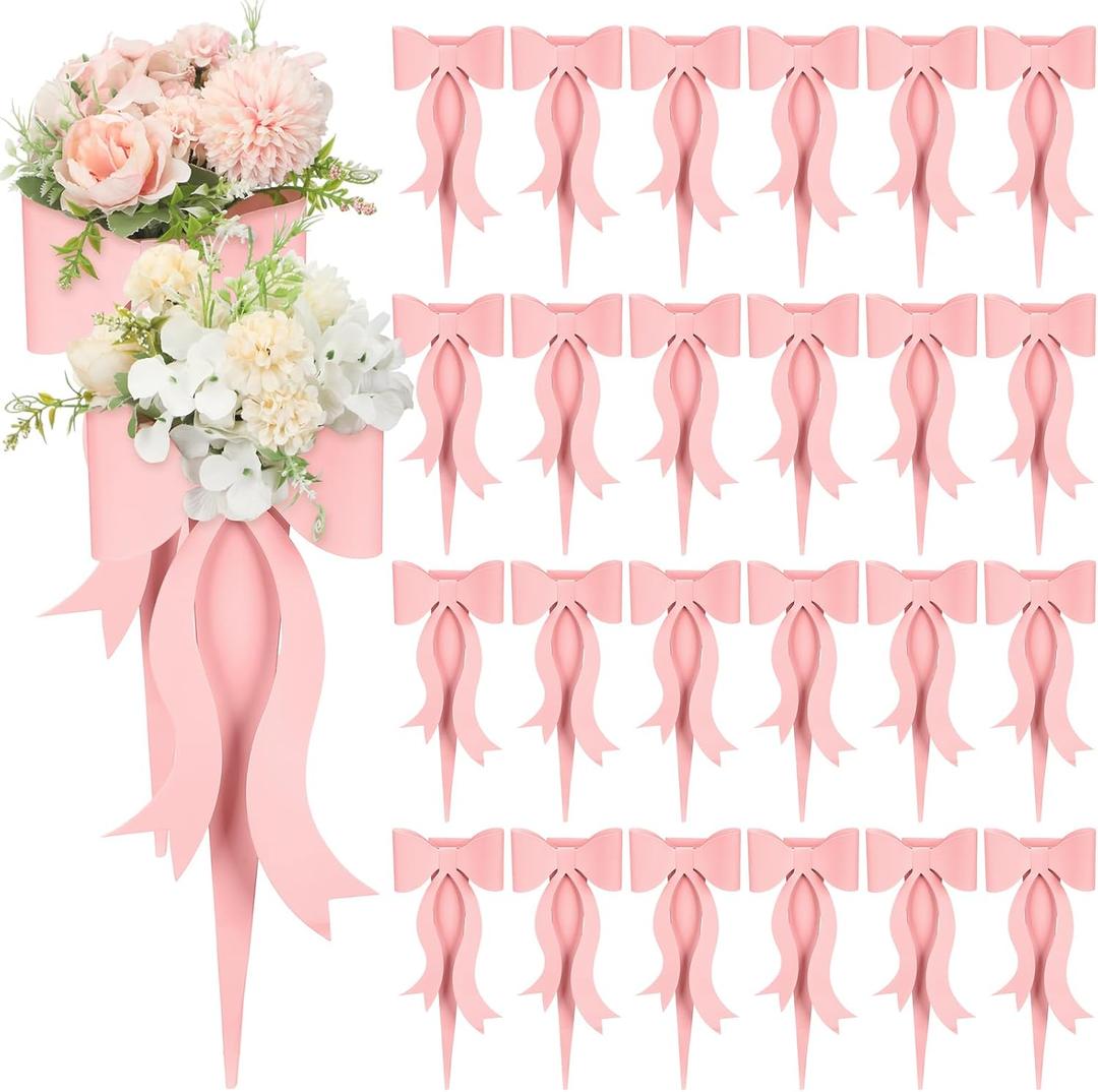 Lerheedi 24 Pcs Flower Bouquet Holder Mother's Day Single Rose Bow Theme Bags DIY Flower Wrapping Paper for Wedding Valentine Graduation Birthday Floral Arrangement (Pink)