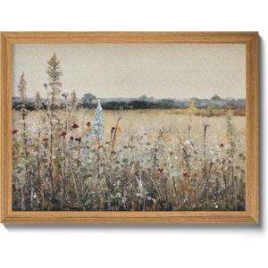 Vintage Landscape Wall Art, 3D Textured Nature Rustic Farmhouse Wall Decor Painting, Hand Drawn Sandstone Country Wildflowers Artwork Picture for Living Room Bedroom 12x16 Inch Framed