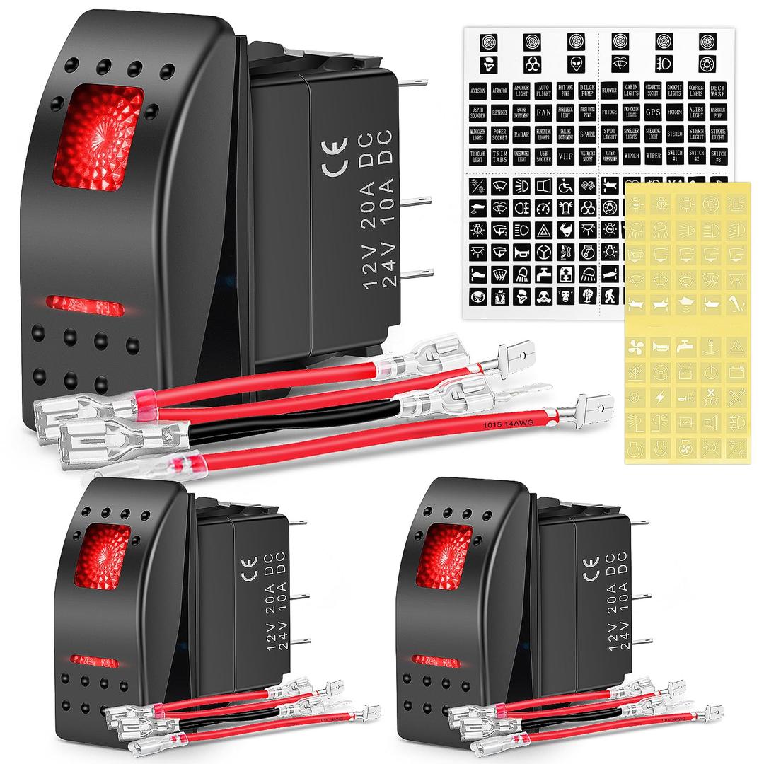 Nilight 3 Pack Rocker Switches with Night Glow DIY Stickers On Off 5 PIN SPST LED Light Red Backlit 12V/24V Toggle for Cars Trucks RVs Boats Auto Motorcycles (Red 3 PCS)