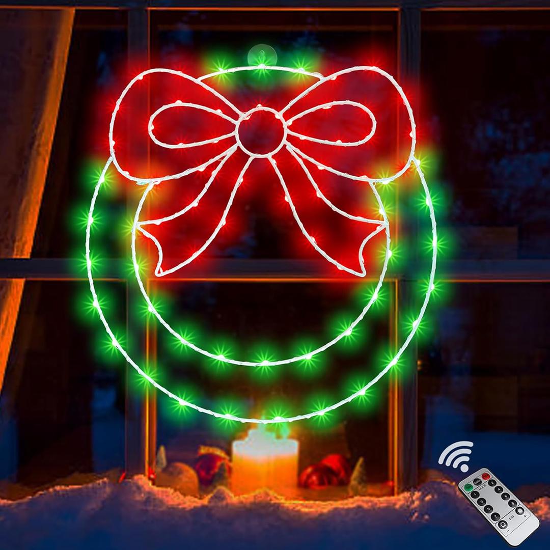 Christmas Wreath Window Lights Decorations, 14" 82LEDs Christmas Wreath Lights with Bow, Timer Remote Control USB Powered Window Silhouette Light for Door Home Wall Winter Xmas Party Decor