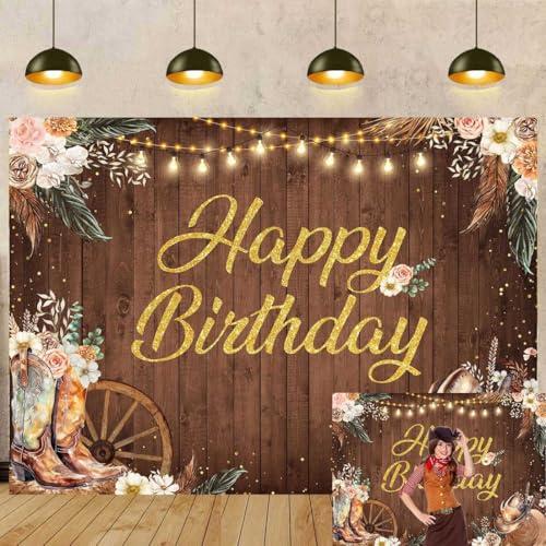 Western Cowgirl Birthday Backdrop Rustic Wooden Retro Boho Flower Pampas Grass Photography Background Banner West Girl Birthday Party Decoration Photo Booth Props (7X5FT)