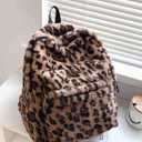 Fluffy Cheetah Print Backpack, Cute Y2k Animal Fur 14 inch Scene Book Bag For Women, Fashion Simple Personal Item Aesthetic Girls Bag