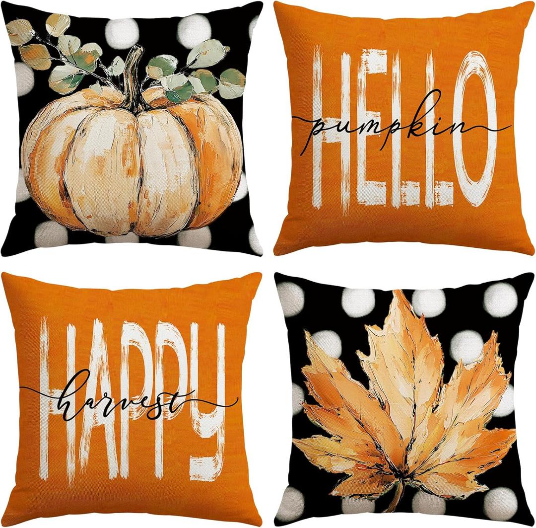 Artscope Fall Decorative Throw Pillow Covers 16x16 Inch Set of 4, Hello Happy Autumn Pumpkin Maple Leaves Harvest Outdoor Farmhouse Pillow Cases for Home Sofa Couch-Orange E