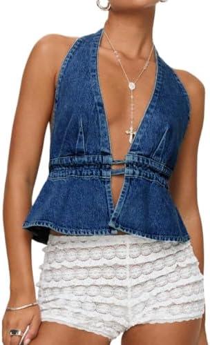 JOLILUNA Denim Halter Top for Women Denim Open Back Tie-Up Halter Vest Jean Cropped Tank Top Summer 2025, M