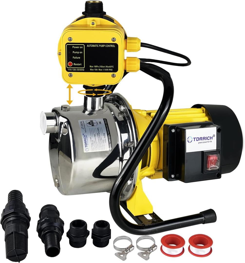 TDRRICH 1HP Water Pressure Booster Pump with Automatic Controller for Whole House,110v Shallow Well Portable Water Stainless Steel Pump, Jet Transfer Pump Switch for Lawn Garden Sprinkler Irrigation