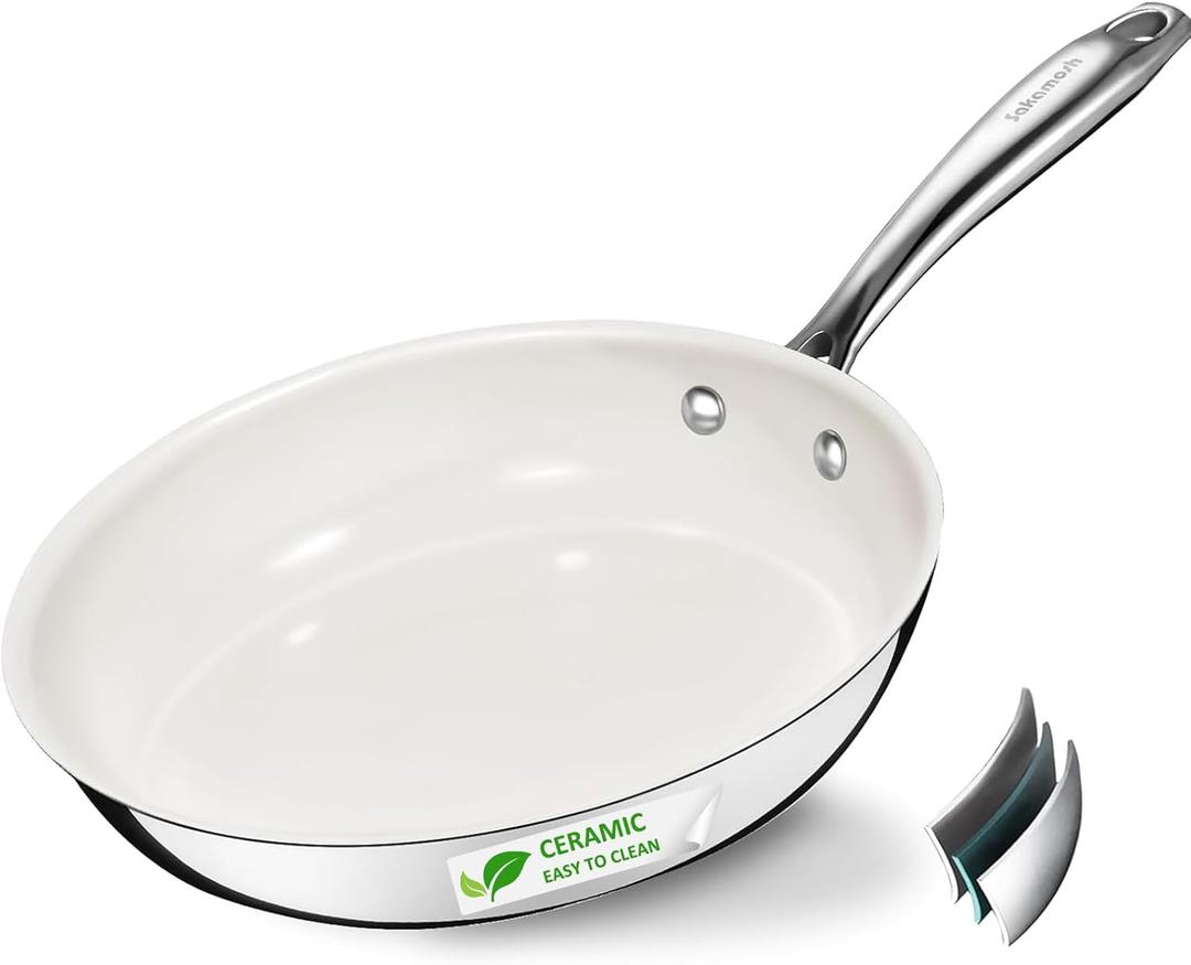 9.5 Inch Nonstick Ceramic Frying Pan, Tri-Ply Stainless Steel Skillet with Stay-Cool Handle, PFAS/PFOA/PTFE Free, No Seasoning Required, High Heat & Induction Safe, Dishwasher/Oven Safe