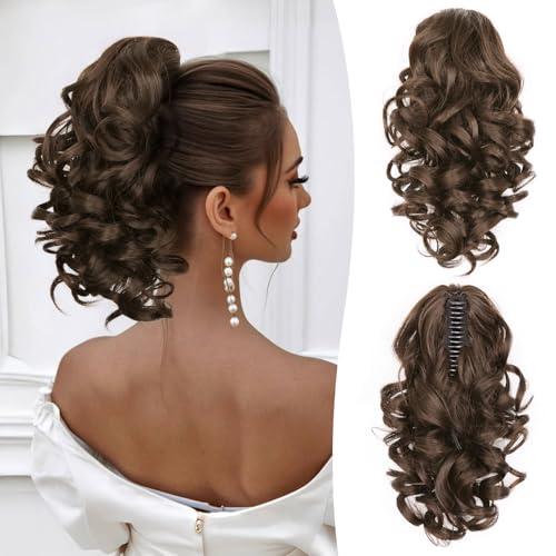 Clip on Ponytails for Women - 12 Inch Curly Ponytail Extension, Wavy Pony Tails Hair Extensions, Synthetic Hair Extensions Ponytail, Natural Hair Pieces for Women (Color: Dark Chocolate Brown)
