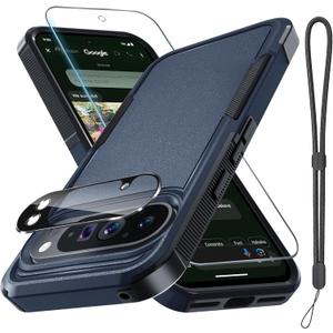 for Google Pixel 10 Pro XL Case with Wrist Lanyard Strap+Tempered Glass Screen Protector+Camera Lens Cover,Full Body Heavy Duty Rugged Shockproof Protective Phone Cover,Navy Blue