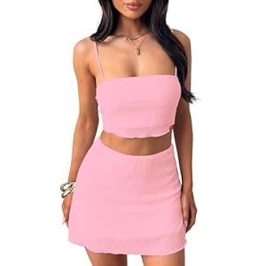 Summer Two Piece Outfits for Women Vacation Going Out Plisse Crop Tops High Waisted Bodycon Mini Skirt Sets (X-Small)