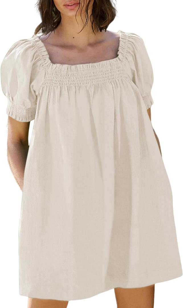 Huaqiao Womens Summer Linen Mini Dress Sundress 2025 A-Line Beach Casual Loose Dress with Pockets