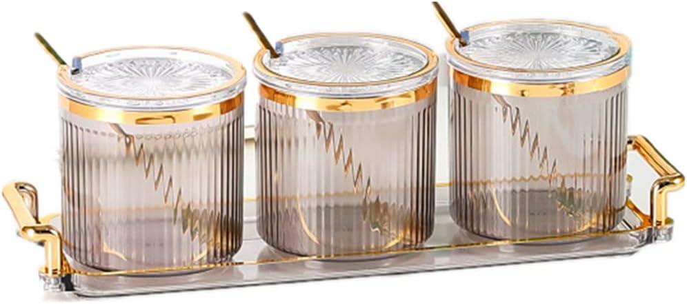 Acrylic Condiment Spice Jars,Condiment Spice Box With Lids and Spoons and Tray, Clear Plastic Condiment Canisters, Seasoning Box 3 Pack, Seasoning Box Set for Kitchen to Storage Salt, Paprika, Sugar