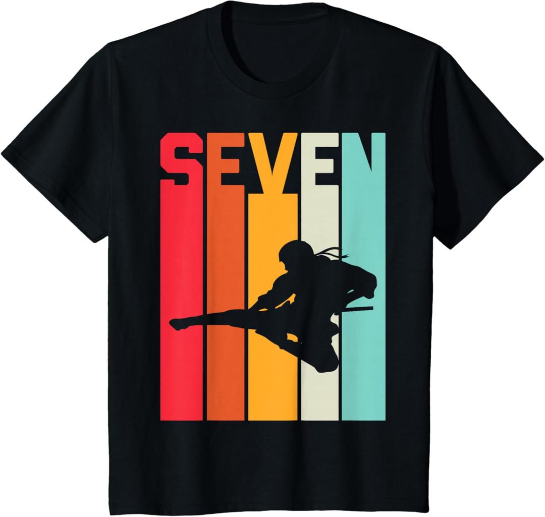 7th Birthday Retro Ninja 7 Years Boys Girl Kids T-Shirt (S, Black)