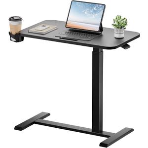 GTPLAYER Small Standing Desk with Hidden Wheels, Pneumatic Mobile Rolling Laptop Desk, Adjustable Height Overbed Bedside Table Computer Workstation for Home Office (28" W x 16" D, Black)
